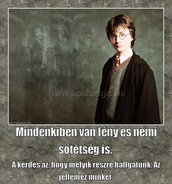 Mindenkiben van fény és némi sötétség is. 
 
A kérdés az, hogy melyik részre hallgatunk. Az jellemez minket.