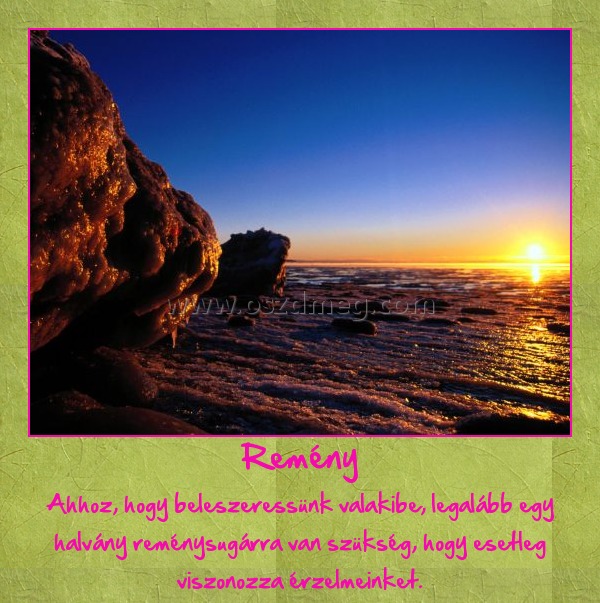 Remény
 
Ahhoz, hogy beleszeressünk valakibe, legalább egy halvány reménysugárra van szükség, hogy esetleg viszonozza érzelmeinket.