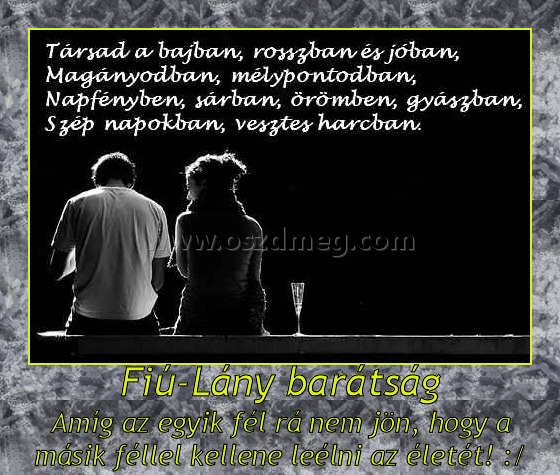 Fiú-Lány barátság
 
Amíg az egyik fél rá nem jön, hogy a másik féllel kellene leélni az életét! :/