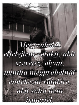 Megpróbálni elfelejteni valakit
 
Megpróbálni elfelejteni valakit, akit szeretsz, olyan, mintha megpróbálnál emlékezni valakire, akit soha nem ismertél.