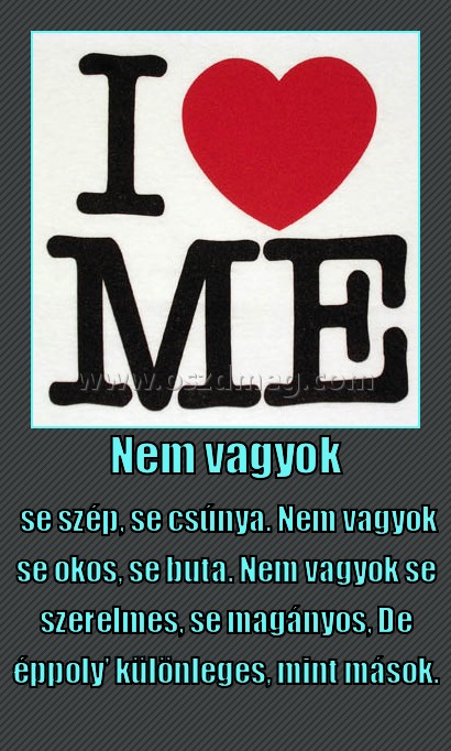 Nem vagyok
 
 se szép, se csúnya. Nem vagyok se okos, se buta. Nem vagyok se szerelmes, se magányos, De éppoly’ különleges, mint mások. 