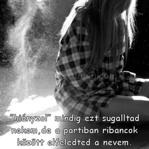 ”hiányzol” mindig ezt sugalltad
 
”hiányzol” mindig ezt sugalltad nekem,de a partiban ribancok között elfeledted a nevem.