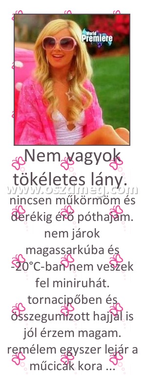 Nem vagyok tökéletes lány. 
 
nincsen műkörmöm és derékig érő póthajam. nem járok magassarkúba és -20°C-ban nem veszek fel miniruhát. tornacipőben és összegumizott hajjal is jól érzem magam. remélem egyszer lejár a műcicák kora ...