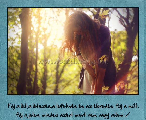 Fáj a lét
 
Fáj a lét,a létezés,a lefekvés és az ébredés. fáj a múlt, fáj a jelen, mindez azért mert nem vagy velem.:/