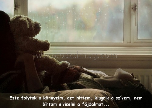 Este folytak a könnyeim
 
Este folytak a könnyeim, azt hittem, kiugrik a szívem, nem bírtam elviselni a fájdalmat...