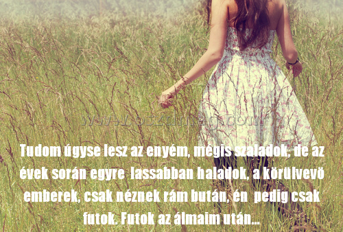 Tudom úgyse lesz az enyém
 
Tudom úgyse lesz az enyém, mégis szaladok, de az évek során egyre  lassabban haladok, a körülvevö emberek, csak néznek rám bután, én  pedig csak futok. Futok az álmaim után...