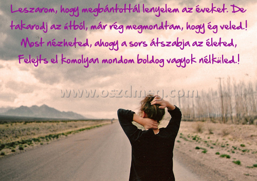 Leszarom
 
Leszarom, hogy megbántottál lenyelem az éveket. De takarodj az útból, már rég megmondtam, hogy ég veled.! Most nézheted, ahogy a sors átszabja az életed, Felejts el komolyan mondom boldog vagyok nélküled.!