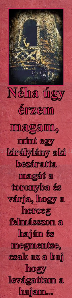 Néha úgy érzem magam, 
 
mint egy királylány aki bezáratta magát a toronyba és várja, hogy a herceg felmásszon a haján és megmentse, csak az a baj hogy levágattam a hajam...