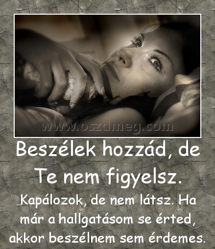 Beszélek hozzád, de Te nem figyelsz.
 
Kapálozok, de nem látsz. Ha már a hallgatásom se érted, akkor beszélnem sem érdemes.