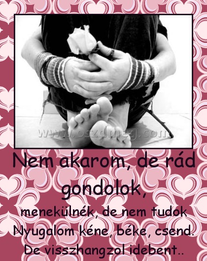 Nem akarom, de rád gondolok,
 
menekülnék, de nem tudok Nyugalom kéne, béke, csend. De visszhangzol idebent..