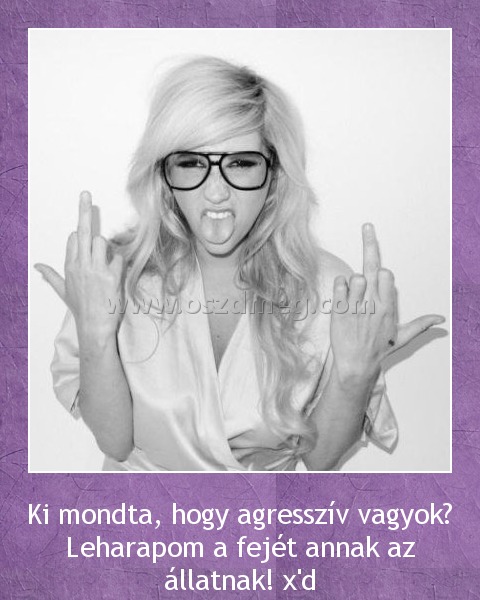 Ki mondta, hogy
 
Ki mondta, hogy agresszív vagyok? Leharapom a fejét annak az állatnak! x'd