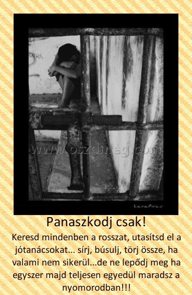 Panaszkodj csak!
 
Keresd mindenben a rosszat, utasítsd el a jótanácsokat... sírj, búsulj, törj össze, ha valami nem sikerül...de ne lepődj meg ha egyszer majd teljesen egyedül maradsz a nyomorodban!!!