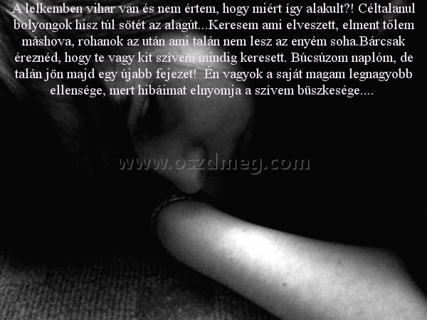 A lelkemben vihar van
 
A lelkemben vihar van és nem értem, hogy miért így alakult?! Céltalanul bolyongok hisz túl sötét az alagút...Keresem ami elveszett, elment tőlem máshova, rohanok az után ami talán nem lesz az enyém soha.Bárcsak éreznéd, hogy te vagy kit szívem mindig keresett. Búcsúzom naplóm, de talán jön majd egy újabb fejezet!  Én vagyok a saját magam legnagyobb ellensége, mert hibáimat elnyomja a szívem büszkesége.... 