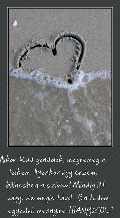 Mikor rád gondolok
 
Mikor Rád gondolok, megremeg a lelkem, Ilyenkor úgy érzem, bilincsben a szivem! Mindig itt vagy, de mégis távol.. Én tudom egyedül, mennyire HIÁNYZOL