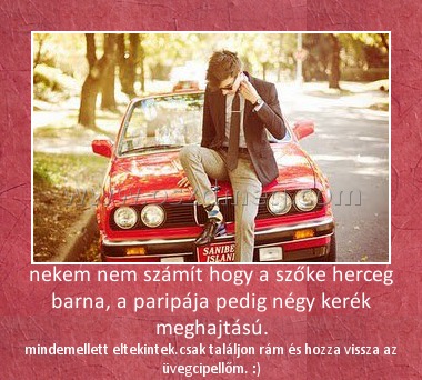nekem nem számít hogy a szőke herceg barna, a paripája pedig négy kerék meghajtású.
 
mindemellett eltekintek.csak találjon rám és hozza vissza az üvegcipellőm. :)
