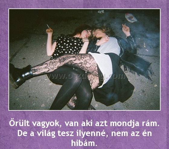 Őrült vagyok, van aki azt mondja rám
 
Őrült vagyok, van aki azt mondja rám. De a világ tesz ilyenné, nem az én hibám.