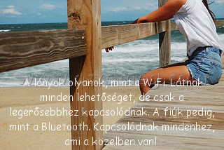  A lányok olyanok
 
 A lányok olyanok, 
003766
mint a WiFi. Látnak minden lehetőséget, de csak a legerősebbhez kapcsolódnak. A fiúk pedig, mint a Bluetooth. Kapcsolódnak mindenhez, ami a közelben van! 