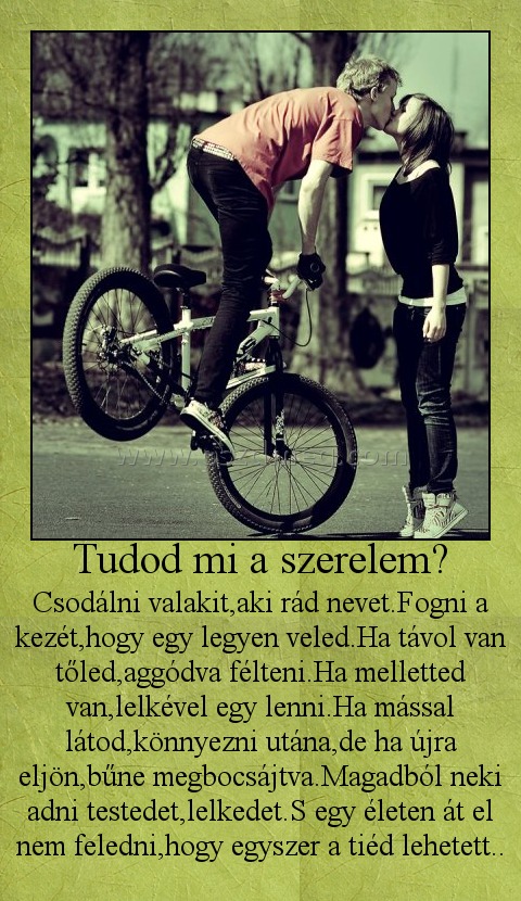 Tudod mi a szerelem?
 
Csodálni valakit,aki rád nevet.Fogni a kezét,hogy egy legyen veled.Ha távol van tőled,aggódva félteni.Ha melletted van,lelkével egy lenni.Ha mással látod,könnyezni utána,de ha újra eljön,bűne megbocsájtva.Magadból neki adni testedet,lelkedet.S egy életen át el nem feledni,hogy egyszer a tiéd lehetett.. 