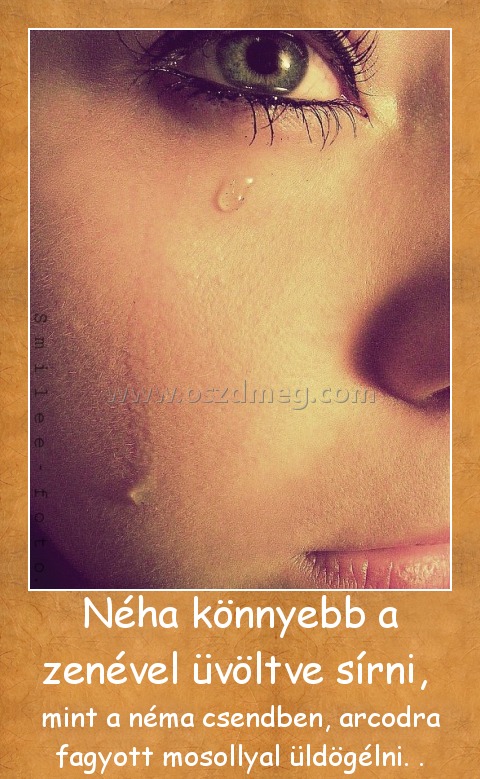 Néha könnyebb a zenével üvöltve sírni, 
 
mint a néma csendben, arcodra fagyott mosollyal üldögélni. .