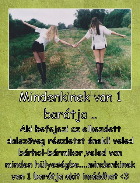 Mindenkinek van 1 barátja ..
 
Aki befejezi az elkezdett dalszöveg részletet énekli veled bárhol-bármikor,veled van minden hülyeségbe....mindenkinek van 1 barátja akit imáádhat <3