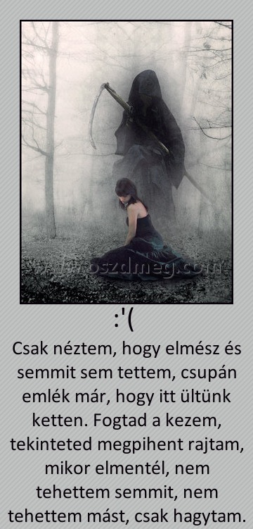 :'( 
 
Csak néztem, hogy elmész és semmit sem tettem, csupán emlék már, hogy itt ültünk ketten. Fogtad a kezem, tekinteted megpihent rajtam, mikor elmentél, nem tehettem semmit, nem tehettem mást, csak hagytam.