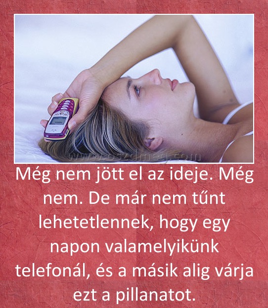 Még nem jött el az ideje. Még nem. De már nem tűnt lehetetlennek, hogy egy napon valamelyikünk telefonál, és a másik alig várja ezt a pillanatot.
 
