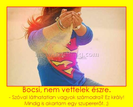 Bocsi, nem vettelek észre.
 
- Szóval láthatatlan vagyok számodra? Ez király! Mindig is akartam egy szupererőt. ;)