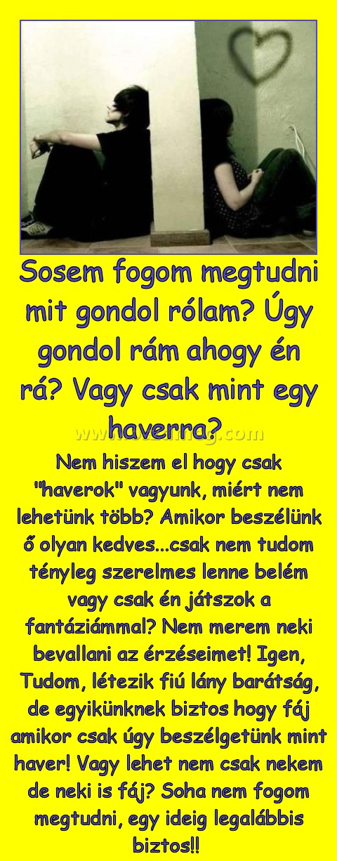 Sosem fogom megtudni mit gondol rólam? Úgy gondol rám ahogy én rá? Vagy csak mint egy haverra? 
 
Nem hiszem el hogy csak 