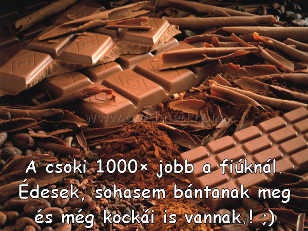 A csoki 1000× jobb
 
A csoki 1000× jobb a fiúknál. Édesek, sohasem bántanak meg és még kockái is vannak.! ;)