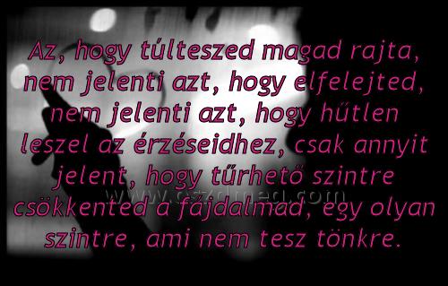 Az
 
Az, hogy túlteszed magad rajta, nem jelenti azt, hogy elfelejted, nem jelenti azt, hogy hűtlen leszel az érzéseidhez, csak annyit jelent, hogy tűrhető szintre csökkented a fájdalmad, egy olyan szintre, ami nem tesz tönkre.