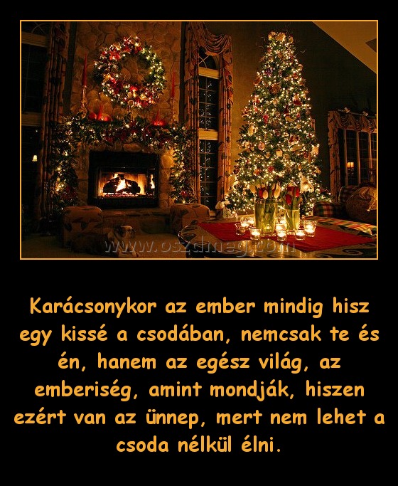 Karácsonykor
 
Karácsonykor az ember mindig hisz egy kissé a csodában, nemcsak te és én, hanem az egész világ, az emberiség, amint mondják, hiszen ezért van az ünnep, mert nem lehet a csoda nélkül élni.