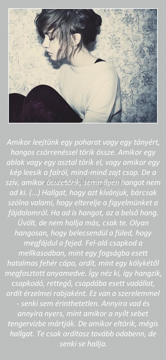 Amikor leejtünk egy poharat vagy egy tányért
 
Amikor leejtünk egy poharat vagy egy tányért, hangos csörrenéssel törik össze. Amikor egy ablak vagy egy asztal törik el, vagy amikor egy kép leesik a falról, mind-mind zajt csap. De a szív, amikor összetörik, semmilyen hangot nem ad ki. (...) Hallgat, hogy azt kívánjuk, bárcsak szólna valami, hogy elterelje a figyelmünket a fájdalomról. Ha ad is hangot, az a belső hang. Üvölt, de nem hallja más, csak te. Olyan hangosan, hogy belecsendül a füled, hogy megfájdul a fejed. Fel-alá csapkod a mellkasodban, mint egy fogságba esett hatalmas fehér cápa, ordít, mint egy kölykétől megfosztott anyamedve. Így néz ki, így hangzik, csapkodó, rettegő, csapdába esett vadállat, ordít érzelmei rabjaként. Ez van a szerelemmel - senki sem érinthetetlen. Annyira vad és annyira nyers, mint amikor a nyílt sebet tengervízbe mártják. De amikor eltörik, mégis hallgat. Te csak ordítasz tovább odabenn, de senki se hallja.