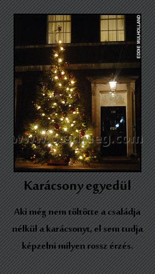 Karácsony egyedül
 
Aki még nem töltötte a családja nélkül a karácsonyt, el sem tudja képzelni milyen rossz érzés.