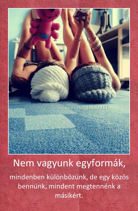 Nem vagyunk egyformák,
 
mindenben különbözünk, de egy közös bennünk, mindent megtennénk a másikért.