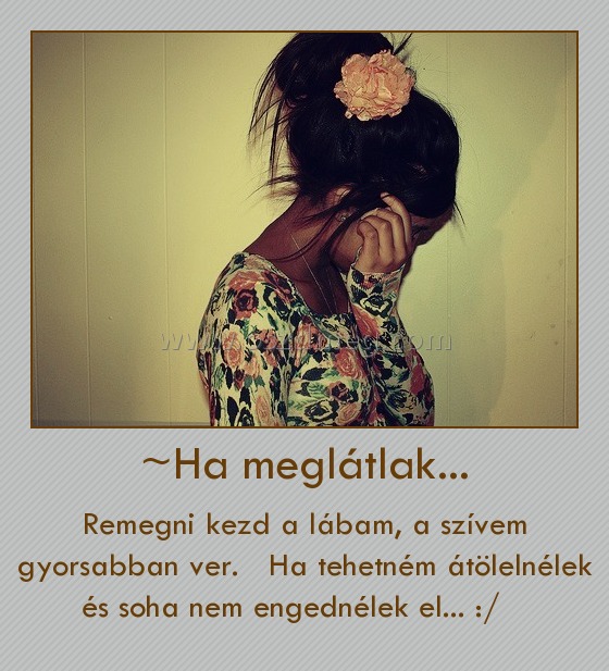 ~Ha meglátlak...
 
Remegni kezd a lábam, a szívem gyorsabban ver.   Ha tehetném átölelnélek és soha nem engednélek el... :/   