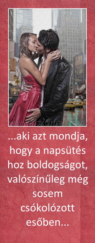 ...aki azt mondja, hogy a napsütés hoz boldogságot, valószínűleg még sosem csókolózott esőben...
 

