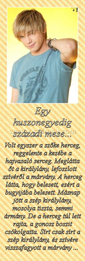 Egy huszonegyedig századi mese...
 
Volt egyszer a szőke herceg, reggelente a kezébe a hajvasaló serceg. Meglátta őt a királylány, lefoszlott szívéről a márvány. A herceg látta, hogy belesett, ezért a bugyijába belesett. Másnap jött a szép királylány, mosolya tiszta, semmi ármány. De a herceg túl lett rajta, a gonosz boszit csókolgatta. Sírt csak sírt a szép királylány, és szívére visszafagyott a márvány ... 