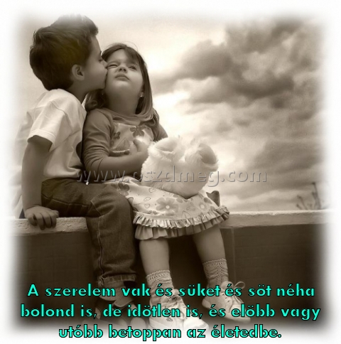 A szerelem vak és
 
A szerelem vak és süket és söt néha bolond is, de idötlen is, és elöbb vagy utóbb betoppan az életedbe.