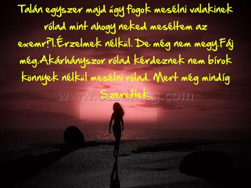 Talán egyszer majd úgy
 
Talán egyszer majd úgy fogok mesélni valakinek rólad mint ahogy neked meséltem az exemről.Érzelmek nélkül. De még nem megy.Fáj még.Akárhányszor rólad kérdeznek nem bírok könnyek nélkül mesélni rólad. Mert még mindíg Szeretlek.