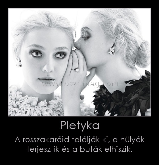 Pletyka Pletyka
A rosszakaróid találják ki, a hülyék terjesztik és a buták elhiszik.