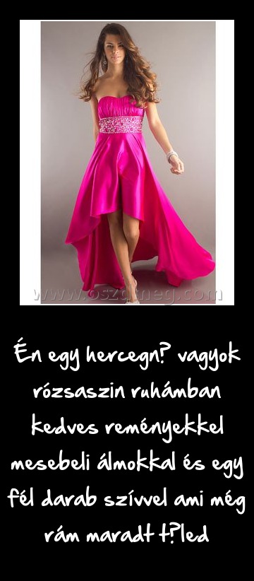 Én egy hercegnő vagyok rózsaszin ruhámban kedves reményekkel mesebeli álmokkal és egy fél darab szívvel ami még rám maradt tőled
 
