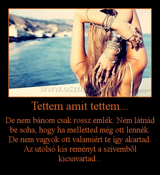 Tettem amit tettem...
 
De nem bánom csak rossz emlék. Nem látnád be soha, hogy ha melletted még ott lennék. De nem vagyok ott valamiért te így akartad. Az utolsó kis reményt a szívemből kicsavartad...