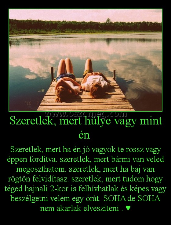 Szeretlek, mert hülye vagy mint én 
 
Szeretlek, mert ha én jó vagyok te rossz vagy éppen fordítva. szeretlek, mert bármi van veled megoszthatom. szeretlek, mert ha baj van rögtön felvidítasz. szeretlek, mert tudom hogy téged hajnali 2-kor is felhívhatlak és képes vagy beszélgetni velem egy órát. SOHA de SOHA nem akarlak elveszíteni . ♥