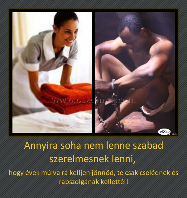 Annyira soha nem lenne szabad szerelmesnek lenni, 
 
hogy évek múlva rá kelljen jönnöd, te csak cselédnek és rabszolgának kellettél!