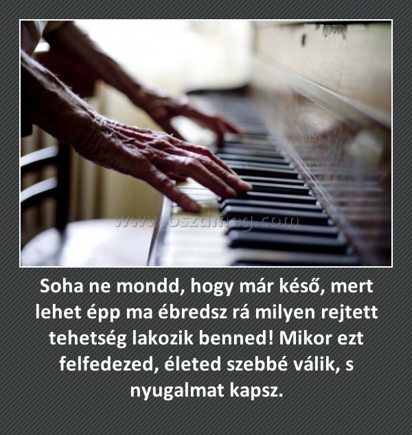 Soha ne mondd, hogy már késő, mert lehet épp ma ébredsz rá milyen rejtett tehetség lakozik benned! Mikor ezt felfedezed, életed szebbé válik, s nyugalmat kapsz.
 
