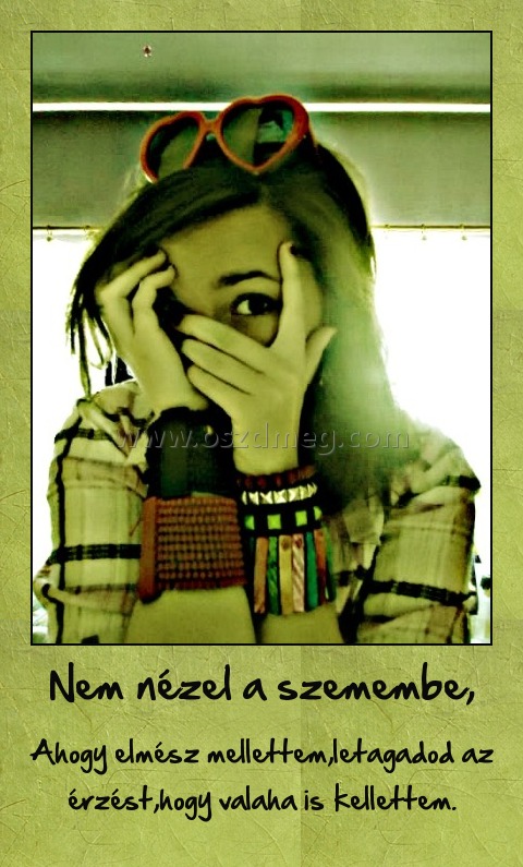 Nem nézel a szemembe,
 
Ahogy elmész mellettem,letagadod az érzést,hogy valaha is kellettem.