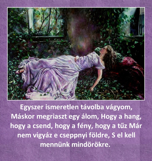 Egyszer ismeretlen távolba vágyom, Máskor megriaszt egy álom, Hogy a hang, hogy a csend, hogy a fény, hogy a tűz Már nem vigyáz e cseppnyi földre, S el kell mennünk mindörökre. 
 
