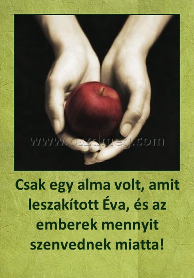 Csak egy alma volt, amit leszakított Éva, és az emberek mennyit szenvednek miatta!
 
