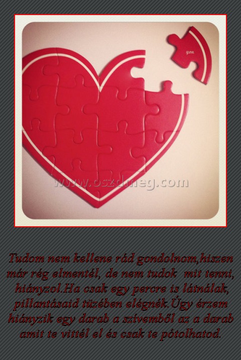 
 
Tudom nem kellene rád gondolnom,hiszen már rég elmentél, de nem tudok  mit tenni,  hiányzol.Ha csak egy percre is látnálak, pillantásaid tüzében elégnék.Úgy érzem hiányzik egy darab a szívemből az a darab amit te vittél el és csak te pótolhatod.