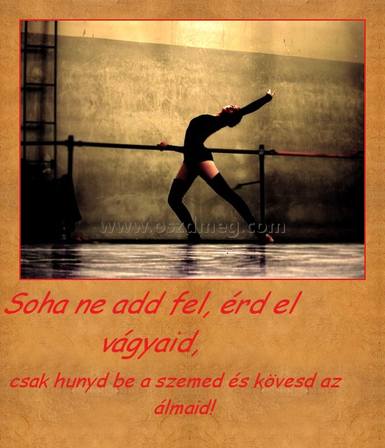      Soha ne add fel, érd el vágyaid,
 
csak hunyd be a szemed és kövesd az álmaid!